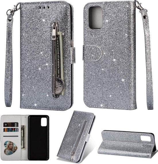 Glitter Wallet Case Geschikt voor: Samsung Galaxy A71 Hoesje met Rits, Koord en Pasjeshouder - Zilver