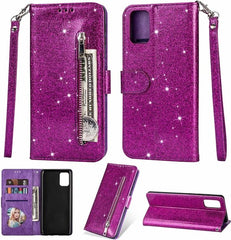 Sparkly Glitter Wallet Hoesje met Rits & Koord Geschikt voor: Samsung Galaxy A41 - Paars