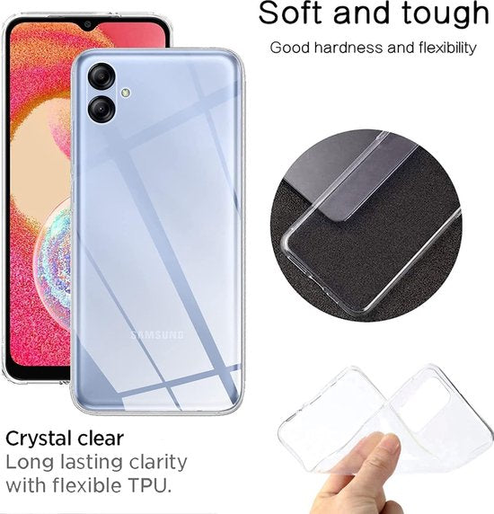 Samsung Galaxy A04e Hoesjes – Transparante Siliconen Backcover – Inclusief 2x Screenprotector Gehard Glas – Anti-kras-Ilumina Benelux
