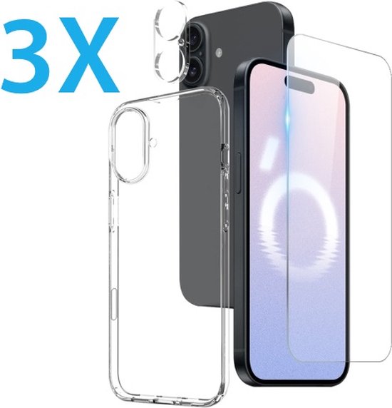 iPhone 16 Hoesjes – Transparante Siliconen Backcover – Screenprotector Gehard Glas 3x – Camera Lens Protector 3x-Ilumina Benelux