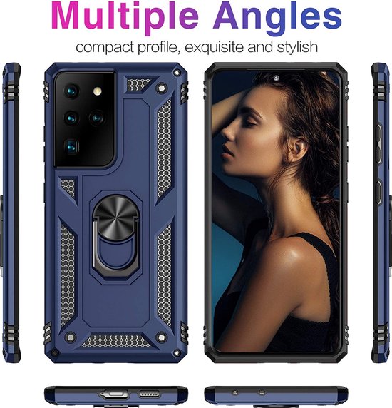 Samsung Galaxy S21 Ultra Hoesjes – Ring Armor Backcover – 360° Draaibare Standaard – Magneet – Blauw-Ilumina Benelux