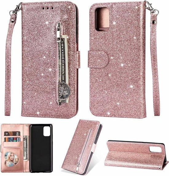 Sparkly Glitter Wallet Hoesje met Rits & Koord Geschikt voor: Samsung Galaxy S20 Plus - Roségoud