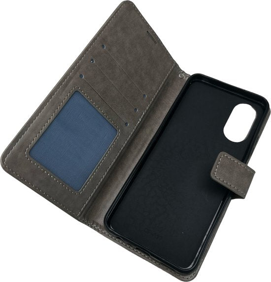 Oppo A17 Hoesjes – Portemonnee Bookcase – Pasjeshouder – Magneetsluiting – Grijs-Ilumina Benelux
