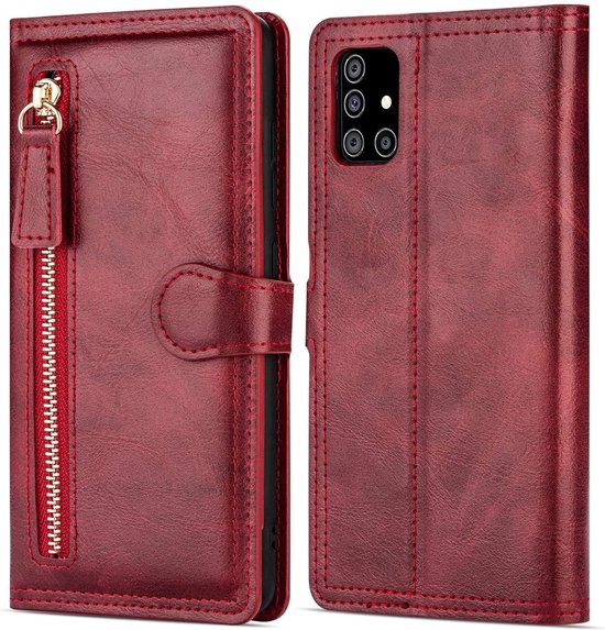 Samsung Galaxy A52/A52s Hoesjes – Bookcase Portemonnee – Ritssluiting – 5 Pasjeshouder – Rood-Ilumina Benelux