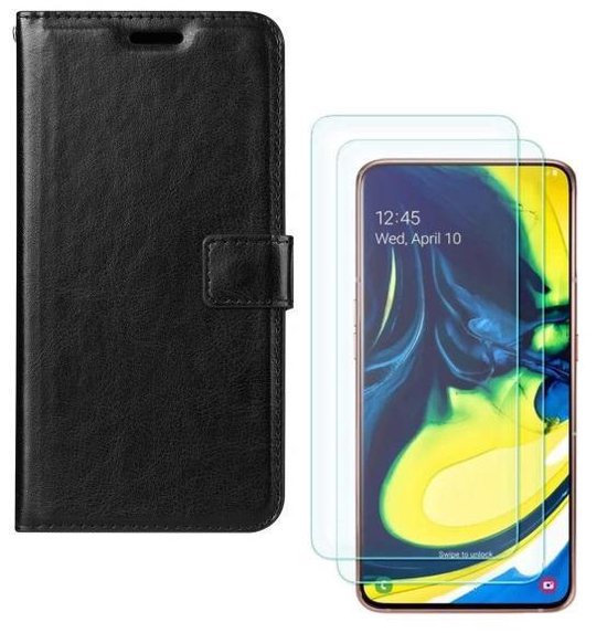 Samsung Galaxy A80 Hoesjes – Portemonnee Hoes – Pasjeshouder – 2x Gehard Glas Screenprotector – Zwart