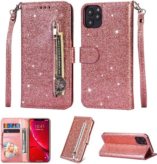 iPhone 12 Hoesjes – Glitter Portemonnee Hoes – Rits & Koord – Pasjeshouder – Roségoud-Ilumina Benelux