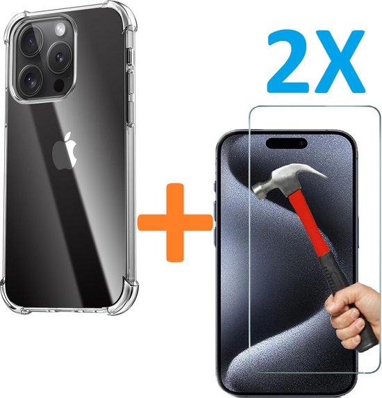 iPhone 15 Pro Max Hoesjes – Schokbestendige Siliconen Backcover – 2 Pack Screenprotector Gehard Glas – Transparant-Ilumina Benelux