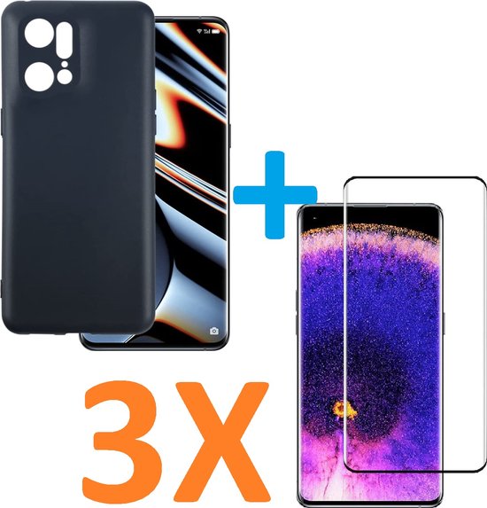 Oppo Find X5 Pro Hoesjes – Soft TPU Siliconen Backcover – 3x Gehard Glas Screenprotector – Zwart-Ilumina Benelux