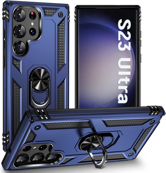 Samsung Galaxy S23 Ultra Hoesjes – Anti-Shock Hybride Backcover – Ring Armor – Schokbestendig – Blauw-Ilumina Benelux