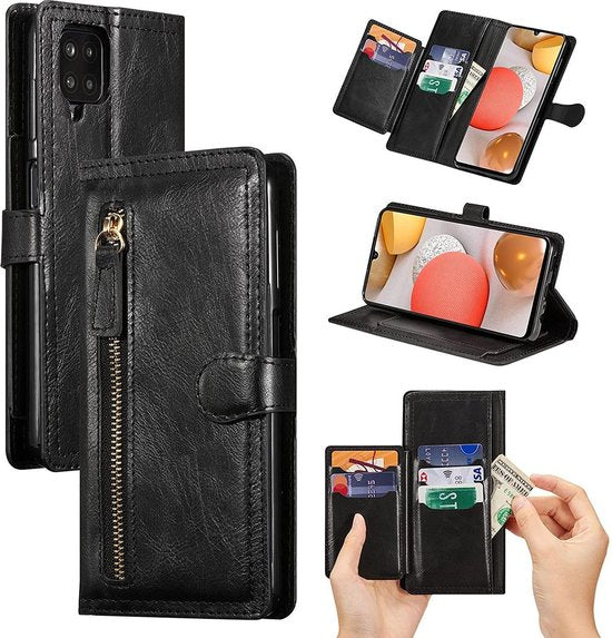 Samsung Galaxy A12 Hoesjes – Bookcase Portemonneehoes – Ritssluiting – 5 Pasjeshouder – Zwart-Ilumina Benelux