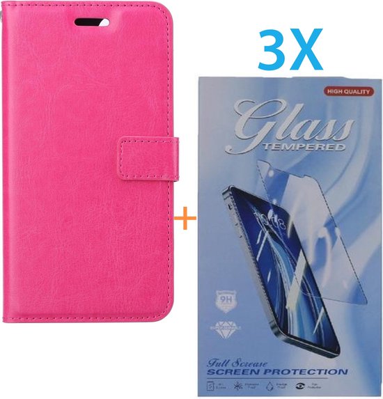 iPhone 14 Pro Hoesjes – Portemonnee Bookcase – Pasjeshouder – Magneetsluiting – Roze + 3x Screenprotector Gehard Glas-Ilumina Benelux