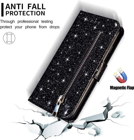 Samsung Galaxy S10E Hoesjes – Glitter Portemonnee Hoes – Rits & Koord – Pasjeshouder – Zwart-Ilumina Benelux