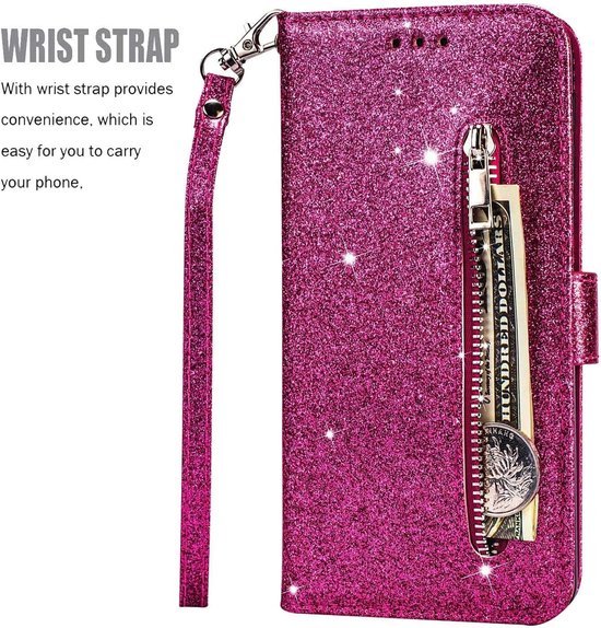 iPhone 12 Mini Hoesjes – Glitter Portemonnee Hoes – Rits & Koord – Pasjeshouder – Roze-Ilumina Benelux