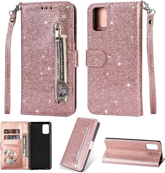 Samsung Galaxy M31S Hoesjes – Glitter Portemonnee Case – Rits & Koord – Pasjeshouder – Roségoud