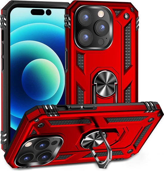 iPhone 14 Pro Hoesjes – Anti-Shock Hybride Backcover – Ring Armor – Schokbestendig – Rood-Ilumina Benelux