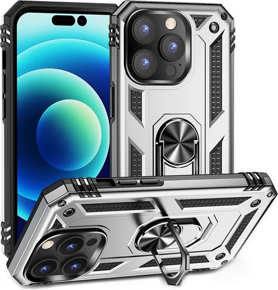 iPhone 14 Pro Hoesjes – Anti-Shock Hybride Ring Armor Backcover – Schokbestendig – Zilver-Ilumina Benelux