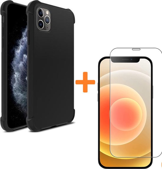 iPhone 12 Pro Max Hoesjes – Schokbestendige Siliconen Backcover – 2 Pack Screenprotector Gehard Glas – Zwart