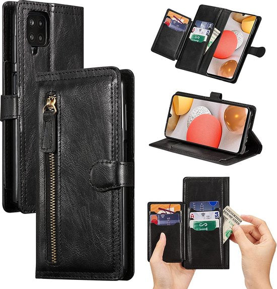Samsung Galaxy A22 4G Hoesjes – Bookcase Portemonneehoes – Ritssluiting – 5 Pasjeshouder – Zwart-Ilumina Benelux