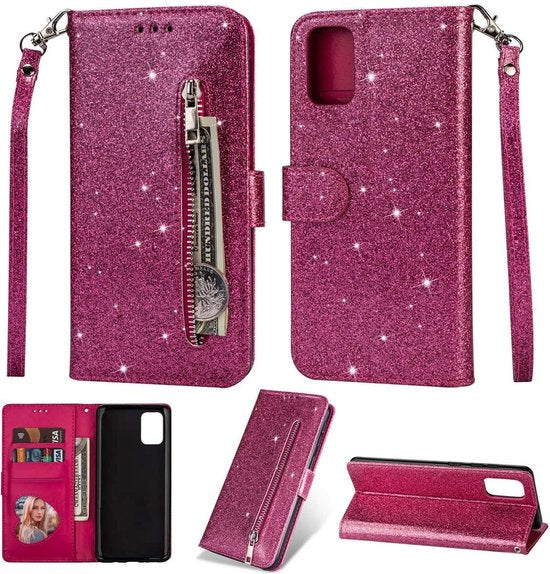 Samsung Galaxy A02s Hoesjes – Glitter Portemonnee Case met Rits – Koord – Pasjeshouder – Roze-Ilumina Benelux