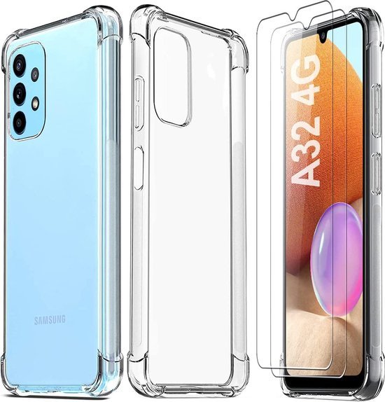 Samsung Galaxy A32 4G Hoesjes – Anti-Shock Siliconen Backcover – 2 Pack Screenprotector Gehard Glas – Transparant-Ilumina Benelux