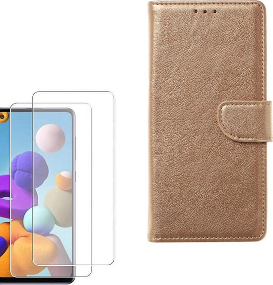 Samsung Galaxy A21S Hoesjes – Portemonnee Hoes – Magneetsluiting – Inclusief 2x Gehard Glas Screenprotector – Goud-Ilumina Benelux