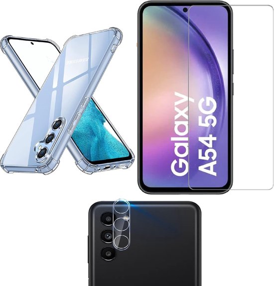 Samsung Galaxy A54 Hoesjes – Transparante Siliconen Backcover – Schokbestendig – Incl. Screenprotector Glas & Camera Lens Protector-Ilumina Benelux