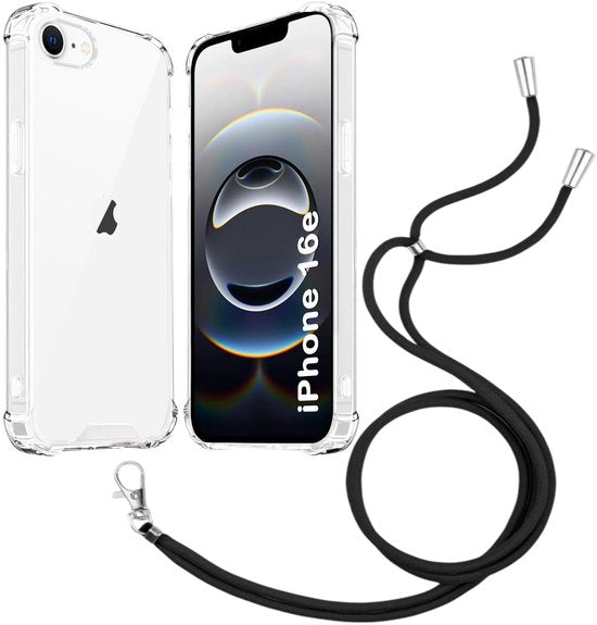 iPhone 16E Hoesjes – Transparante Backcover met Koord – Schokbestendig – Nekhanger – Zwart-Ilumina Benelux