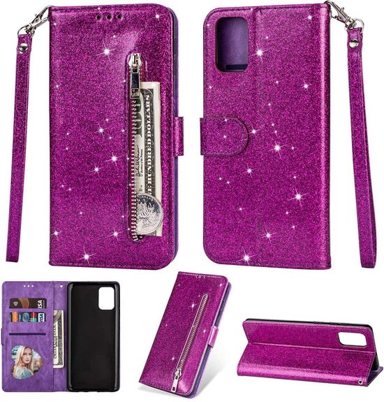 Glitter Wallet Case Geschikt voor: Samsung Galaxy A51 Hoesje met Rits, Koord en Pasjeshouder - Paars