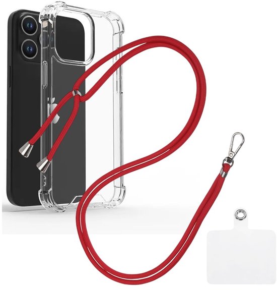 iPhone 13 Pro Max Hoesjes – Transparante Backcover – Schokbestendig – Nekkoord Koord – Rood-Ilumina Benelux