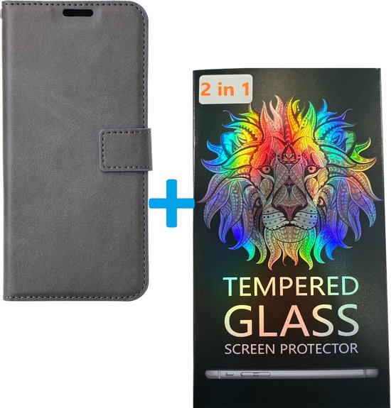 Xiaomi Redmi Note 10S 5G Hoesjes – Portemonnee Book Case – Pasjeshouder – 2x Gehard Glas Screenprotector – Grijs-Ilumina Benelux