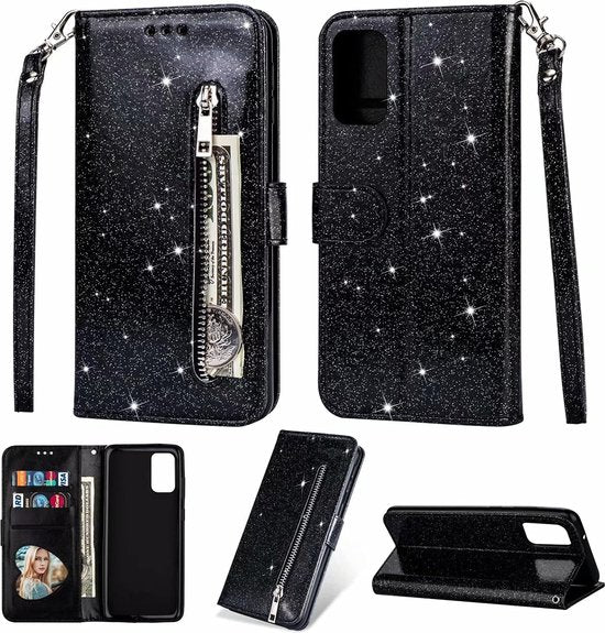 Sparkly Glitter Wallet Hoesje met Rits & Koord Geschikt voor: Samsung Galaxy M51 - Zwart