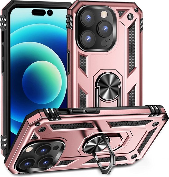 iPhone 14 Pro Hoesjes – Hybride Ring Armor Backcover – Schokbestendig – Roségoud-Ilumina Benelux