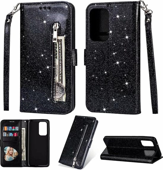 Oppo A57 4G Hoesjes – Glitter Portemonnee Hoes – Rits & Koord – Pasjeshouder – Zwart-Ilumina Benelux