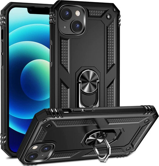 iPhone 14 Hoesjes – Ring Armor Backcover – 360° Draaibare Standaard – Magneet – Zwart-Ilumina Benelux