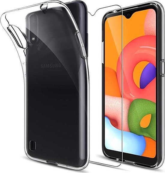 Samsung Galaxy A01 Hoesjes – Transparante TPU Siliconen Backcover – Inclusief 2x Gehard Glas Screenprotector – Anti-kras – Transparant