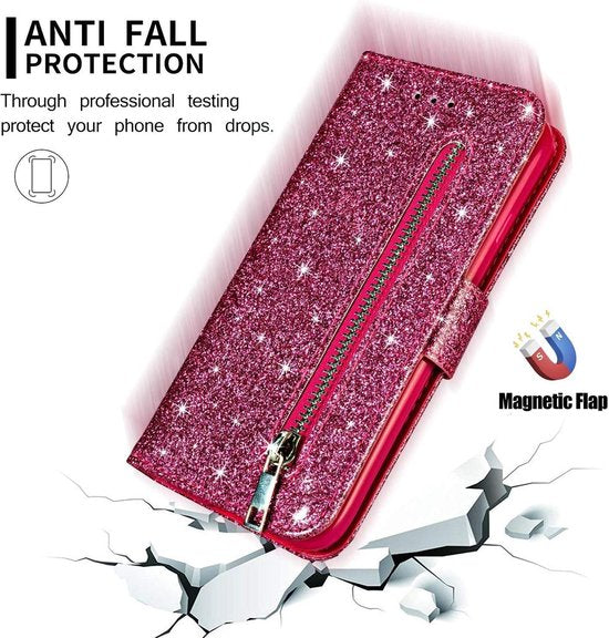 Samsung Galaxy S21 Plus Hoesjes – Glitter Portemonnee Case – Rits – Koord – Pasjeshouder – Roze-Ilumina Benelux