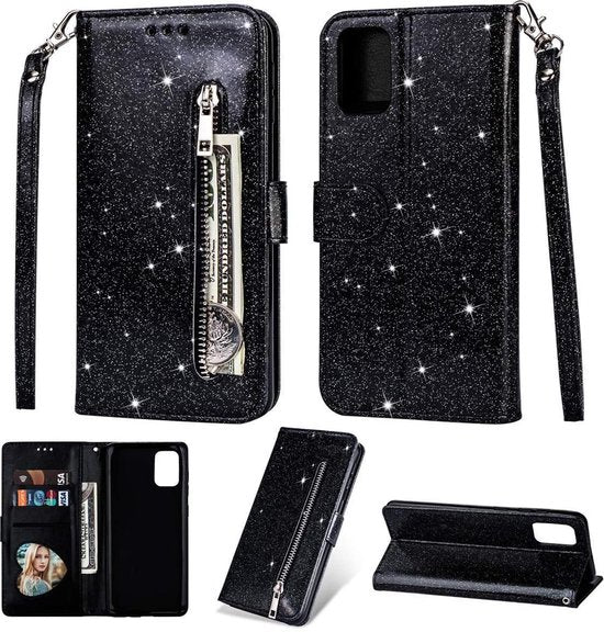 Samsung Galaxy M31S Hoesjes – Glitter Portemonnee Bookcase – Rits – Koord – Pasjeshouder – Zwart-Ilumina Benelux