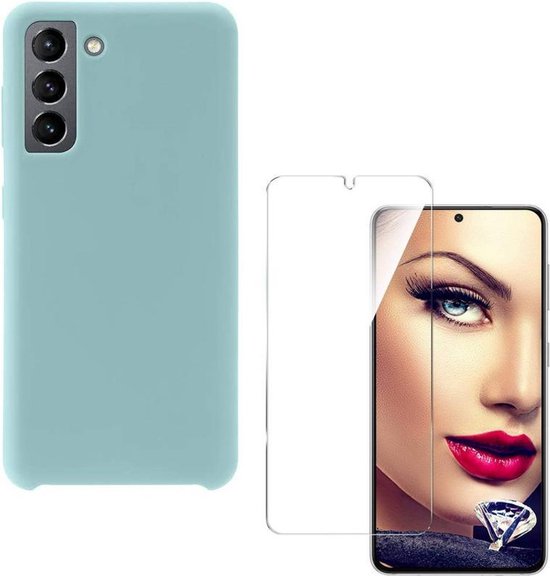 Samsung Galaxy S21 Hoesjes – Liquid Siliconen Backcover – Soft Touch Flexibel – Incl. Screenprotector – Mist Blauw-Ilumina Benelux
