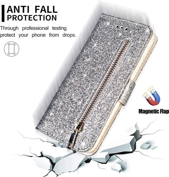 Samsung Galaxy S10 Hoesjes – Glitter Portemonnee Case met Rits – Koord – Pasjeshouder – Zilver-Ilumina Benelux
