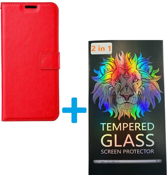 Portemonnee BookCase Hoesje + 2 Pack Screenprotector Glas Geschikt voor: Samsung Galaxy M51 - rood