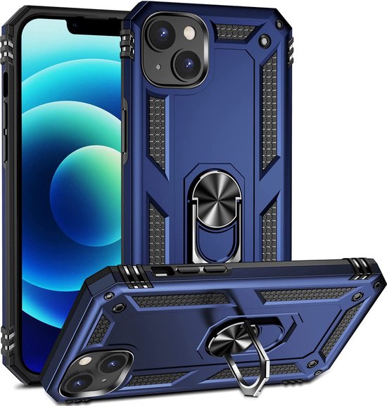 iPhone 14 Hoesjes – Ring Armor Backcover – 360° Draaibare Standaard – Magneet – Blauw-Ilumina Benelux