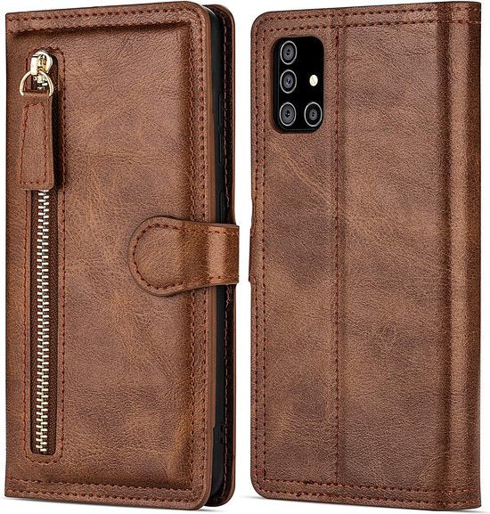 Samsung Galaxy A03s Hoesjes – Bookcase Portemonnee Hoes – Ritssluiting – 5 Pasjeshouder – Donkerbruin-Ilumina Benelux
