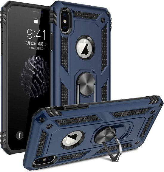 iPhone XS Max Hoesjes – Ring Armor Backcover – 360° Draaibare Kickstand – Magneet – Blauw-Ilumina Benelux