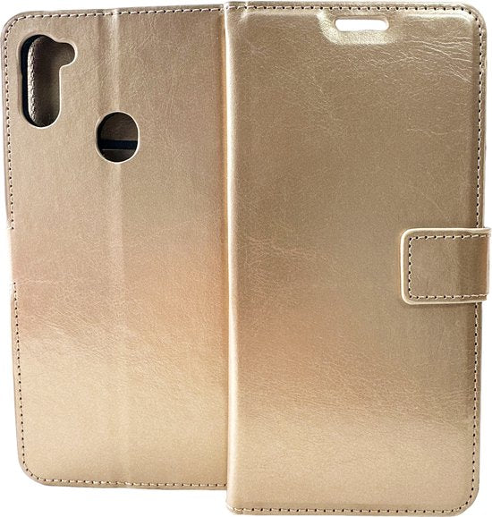 Samsung Galaxy A21 Hoesjes – Bookcase Portemonnee Hoes – Pasjeshouder – Magneetsluiting – Goud-Ilumina Benelux