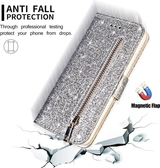 Samsung Galaxy S10 Hoesjes – Glitter Portemonnee Hoes – Rits & Koord – Zilver-Ilumina Benelux