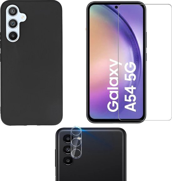 Samsung Galaxy A54 Hoesjes – Siliconen Backcover – Incl. Screenprotector Gehard Glas + Camera Lens Protector – Zwart-Ilumina Benelux