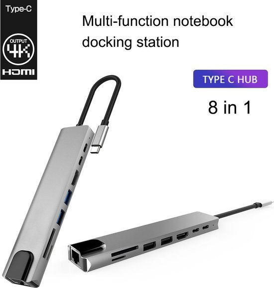 USB-C Hub – 8-in-1 Type-C Adapter met Ethernet – 4K HDMI – 2x USB 3.0 – 100W PD – SD Kaartlezer – Geschikt voor MacBook/Chromebook/HP/Asus/Lenovo-Ilumina Benelux