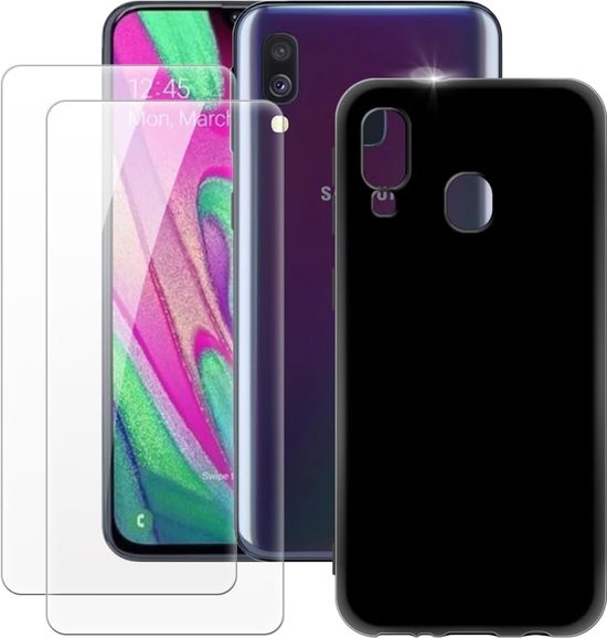 Samsung Galaxy A40 Hoesjes – Siliconen Backcover + 2 Pack Screenprotector – Gehard Glas – Anti Kras – Zwart-Ilumina Benelux
