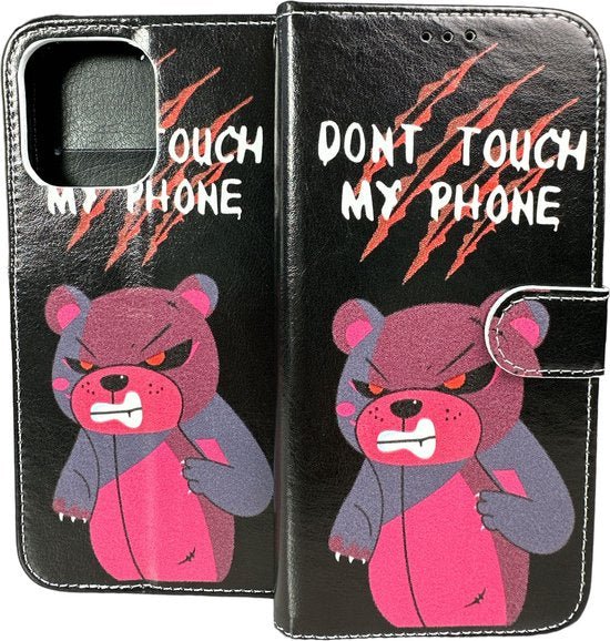 iPhone 14 Pro Max Hoesjes – Portemonnee Book Case – Pasjeshouder – Magneetsluiting – Don't Touch My Phone Print-Ilumina Benelux