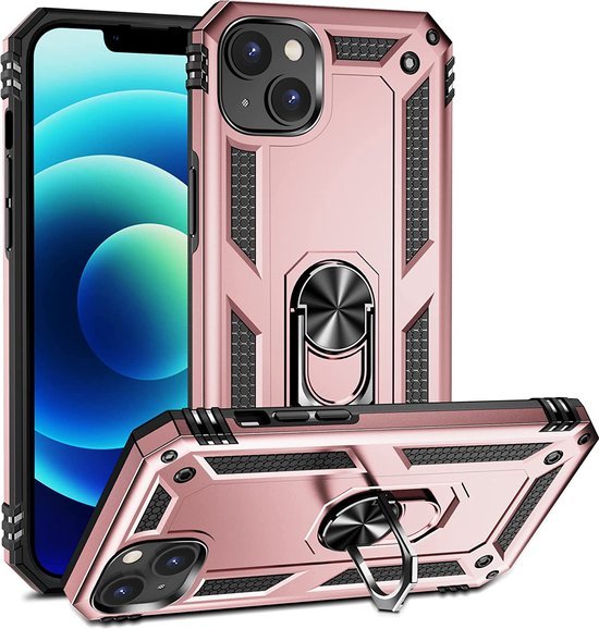 iPhone 14 Hoesjes – Anti-Shock Hybride Ring Armor Backcover – Schokbestendig – Roségoud-Ilumina Benelux